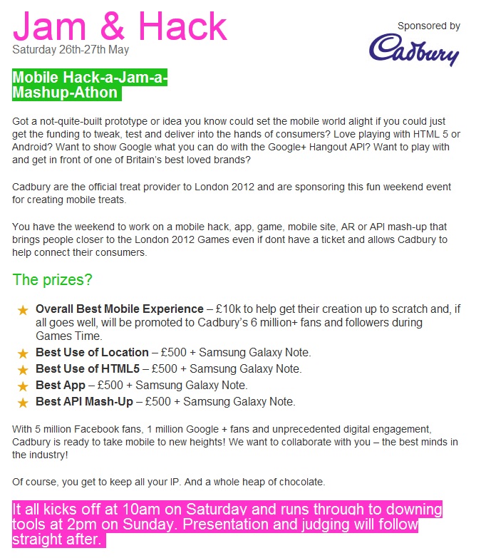 Cadbury Mobile Hackday website update